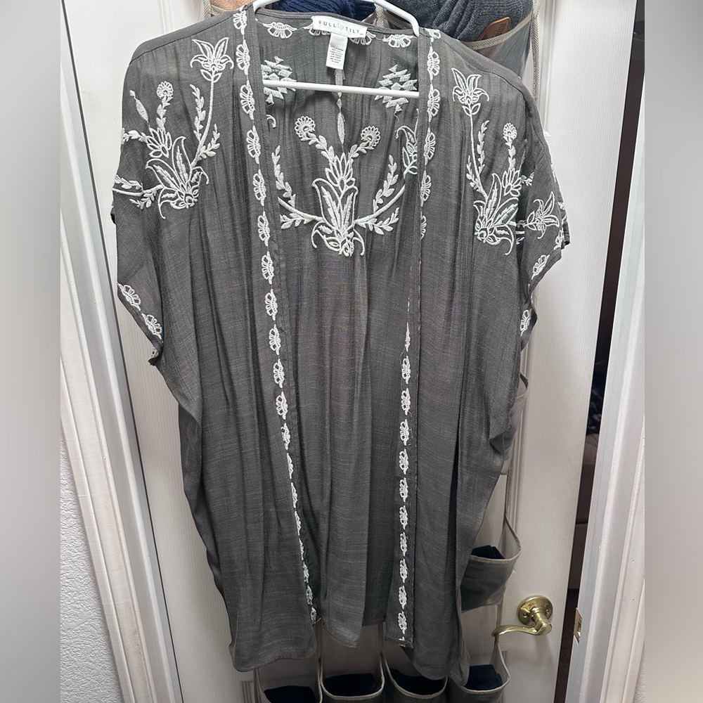Full Tilt Charcoal Sheer Cover With White Floral Embroidery